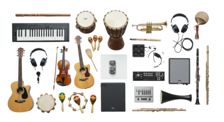 Flat-lay of pristine, brand-neutral musical instruments & audio equipment on a transparent studio background, soft lighting, sharp focus. Concept of musical creativity and harmony