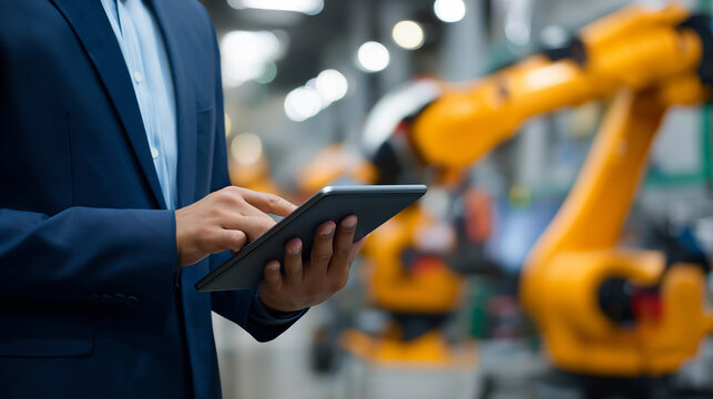 A technician uses a tablet to control or monitor a yellow robotic arm in a smart factory.
- Powered by Adobe