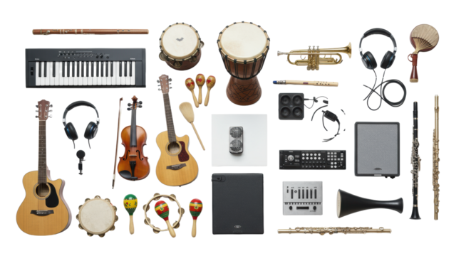 Flat-lay of pristine, brand-neutral musical instruments & audio equipment on a transparent studio background, soft lighting, sharp focus. Concept of musical creativity and harmony
