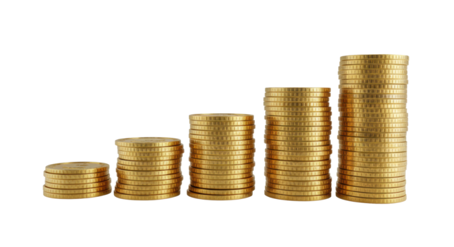 Gleaming gold coin stacks on a transparent background, increasing in height from left to right, creating a visual graph of financial growth and prosperity. Concept of wealth accumulation