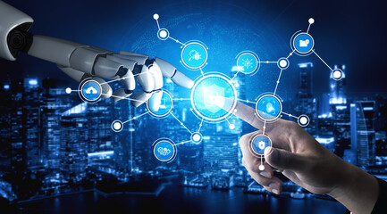 Explore the dynamic interaction between human and robot, highlighting advancements in technology and artificial intelligence in a modern urban environment. Tessel