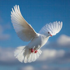 A pristine white dove soars through a vibrant azure sky, its wings outstretched in a graceful flight.