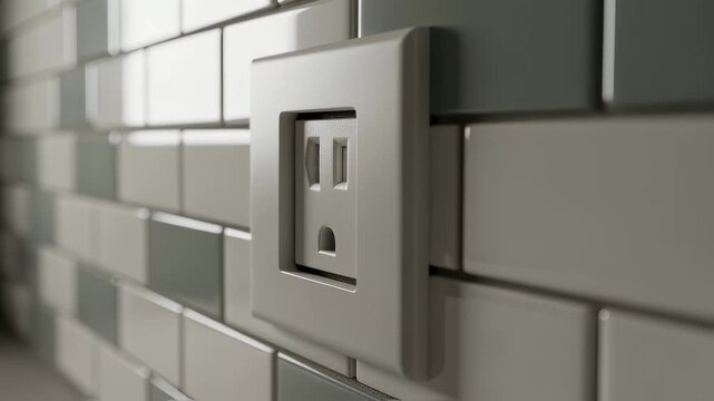 Electrical outlet integrated within peelandstick backsplash installation highlighting precise cut and perfect tile alignment around fixtures.