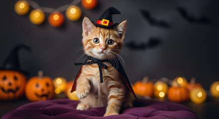 Fototapeta premium Orange tabby kitten in witch costume with pumpkins