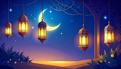 Night scene, lanterns, crescent moon