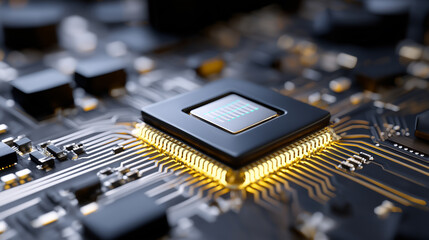 Close-up of a computer microchip on a circuit board with glowing connectors.  
