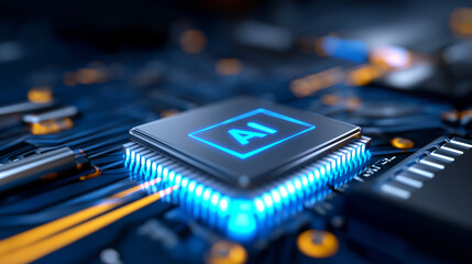 Close-up of a glowing AI microchip on a computer motherboard.  

