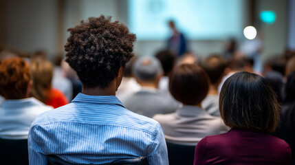 Audience members attentively watch a presentation at a business seminar or conference. 
