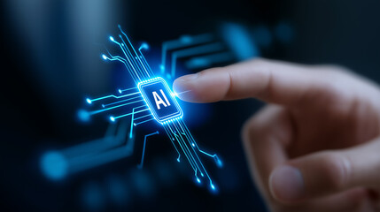A hand touches a glowing AI chip icon representing artificial intelligence technology. 
