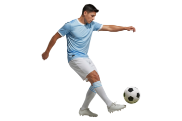 young soccer player in light blue uniform kicking a ball
