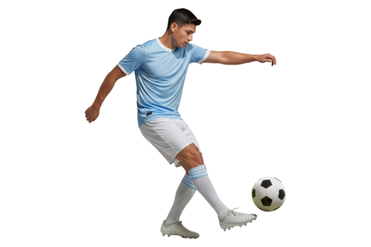 young soccer player in light blue uniform kicking a ball - Powered by Adobe