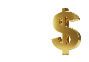 Fototapeta premium Pristine 3D rendered metallic gold dollar sign with reflective golden sheen on a transparent backdrop with copy space, concept of financial prosperity
