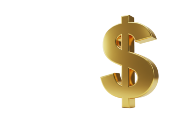 Pristine 3D rendered metallic gold dollar sign with reflective golden sheen on a transparent backdrop with copy space, concept of financial prosperity