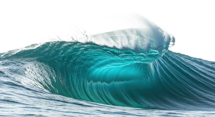 Majestic turquoise crystal-clear ocean wave cresting, breaking with white foam and water spray, frozen, isolated against a transparent background, concept of dynamic momentum
