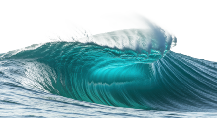 Majestic turquoise crystal-clear ocean wave cresting, breaking with white foam and water spray, frozen, isolated against a transparent background, concept of dynamic momentum
