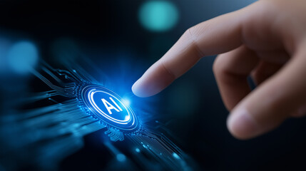 A hand touches a glowing AI chip icon representing artificial intelligence technology. 
