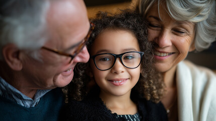 Fototapeta premium Smiling grandparents embrace their granddaughter wearing glasses in a warm, happy moment. 