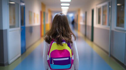 Girl with a colorful backpack walks down a brightly lit school hallway.