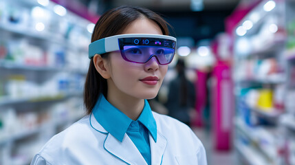 A female scientist wearing augmented reality glasses works in a modern laboratory. 
