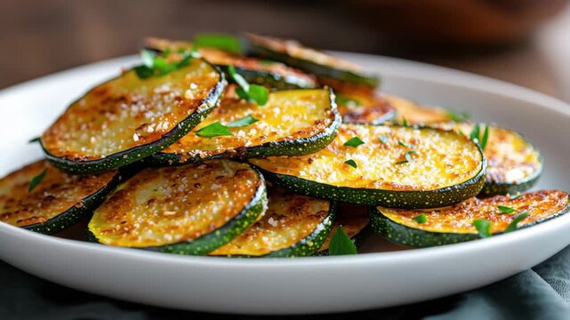 Fresh zucchini is sliced and baked to a golden crisp, topped with herbs and spices, showcasing a delicious and healthy vegetable dish perfect for any meal.