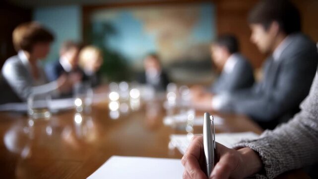 Medium shot of a conference table where one hand marks mitigation strategies on a document while the rest of the room and people are softly blurred out.