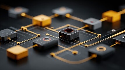Abstract technological network connecting multiple digital nodes with glowing orange lines, illustrating complex communication and data flow