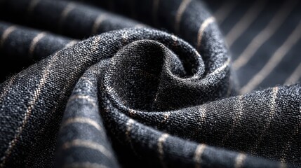 Close-up of a dark grey pinstripe wool fabric with soft folds, showing the texture and detail of the fine material