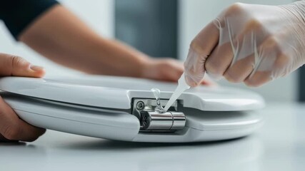 Hands applying lubricant to pivot points of slowclose hinges before final installation on toilet seat.