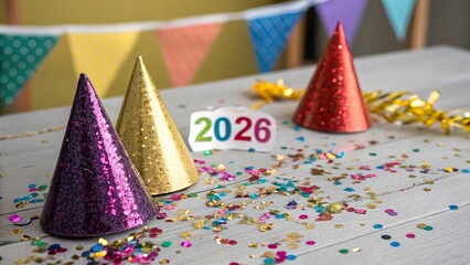 Celebration backdrop with glitter party hats and colorful confetti marking the joyous arrival of 2026