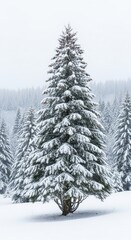 Obraz premium Snow-covered evergreen trees in a misty winter forest landscape
