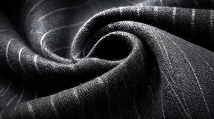 Close-up of a dark grey pinstripe wool fabric with soft folds, showing the texture and detail of the fine material