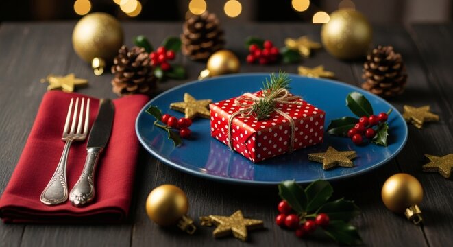 Festive christmas dinner table setting with a giftwrapped present on a blue plate