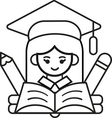 Graduation Student Icon with Cap, Book, and Pencil – Education Achievement Symbol