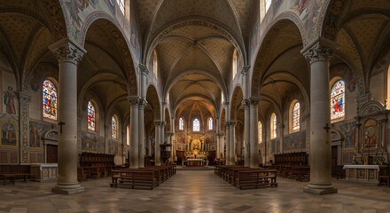 Fototapeta premium Interior of a grand cathedral with arched ceilings and stained glass windows.