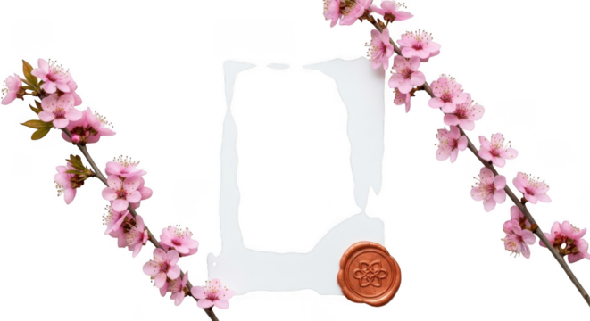 Delicate pink cherry blossoms frame a blank white card with a wax seal isolated on transparent background - Powered by Adobe