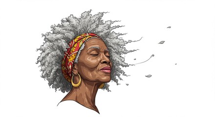 A striking illustration of an elderly Black woman with her eyes closed, wearing a colorful headscarf and large hoop earrings, her voluminous gray hair blowing in the wind.