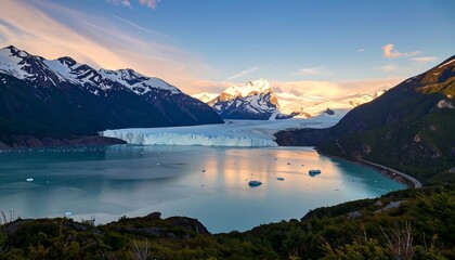 A tranquil view of a majestic glacier, bathed in the soft light of dawn, reflecting on a serene turquoise lake nestled within a snow-capped mountain range.