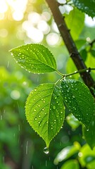 A vibrant green leaf, glistening with raindrops, captures the essence of a refreshing summer shower.
