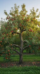 Naklejka premium Lush apple tree laden with red fruit in a sunlit orchard