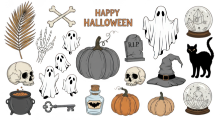 A festive collection of halloween elements including pumpkins, ghosts, skulls, and a black cat isolated on transparent background