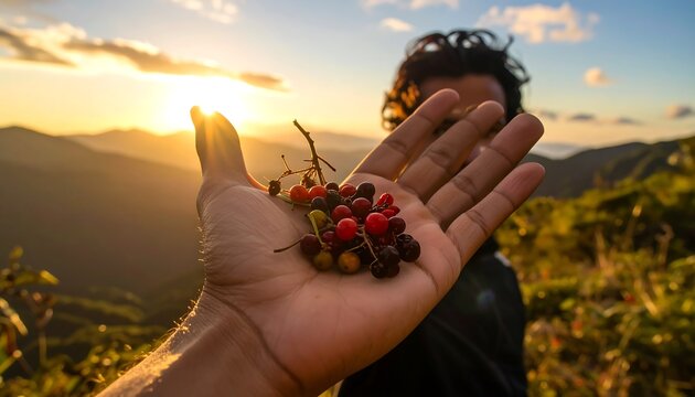 Handful of colorful berries held aloft against a backdrop of a vibrant mountain sunrise.
