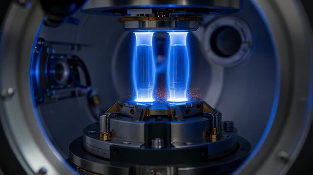 Highresolution detail of ion thruster electrode assembly firing within a simulated space vacuum chamber highlighting propulsion design.