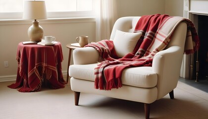 A cozy living room featuring a warm red blanket on a cream armchair.