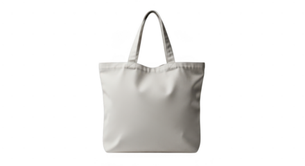 A simple, light gray canvas tote bag with handles, isolated on a transparent background