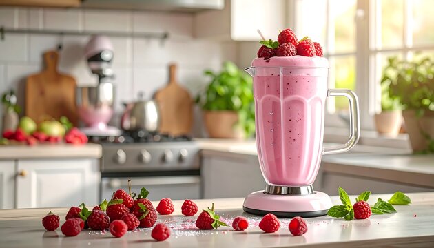 A vibrant pink smoothie sits in a retro blender, surrounded by fresh raspberries and strawberries on a kitchen countertop.