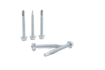 Hexagonal head screw or bolt, with self-drilling or drill bit tip, on a white background