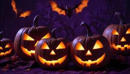 Obraz premium A group of jack-o'-lanterns with glowing faces are set against a purple backdrop, perfect for halloween.