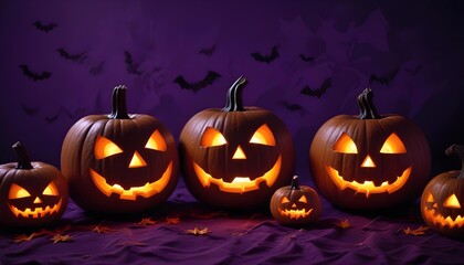 Spooky jack-o'-lanterns glow brightly on a purple backdrop with flying bats for Halloween.