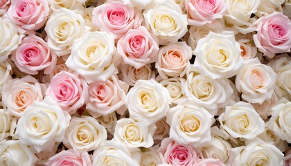 A close-up view of numerous roses in various shades of pink and white, creating a beautiful and delicate floral design.