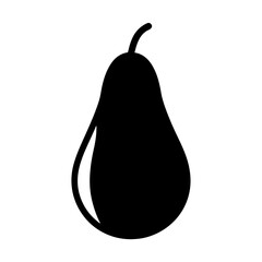 Monochrome illustration of a pear with a curved stem and simple style